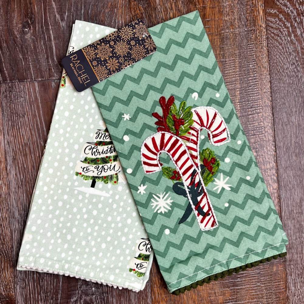 Rachel Roy - ‘Candy Cane & Evergreens’ Festive Dish Towels (2) NWT. Firm!